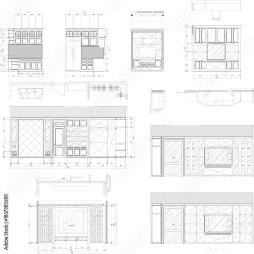 Interior Design Collection of 2D Drawing Samples Including TV Cabinet, Kitchen Cabinet, Bed Headboard, Wardrobe, and Storage Units