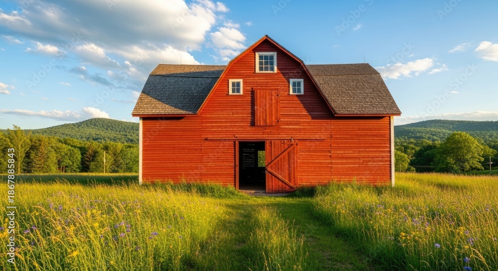 Obraz premium A red barn with a green roof and a black door stands in a field of yellow and purple flowers under a blue sky with white clouds.