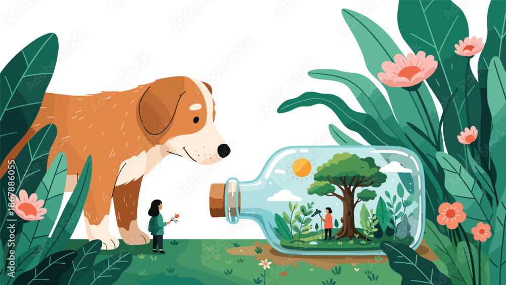 Fototapeta premium Conceptual illustration of environmental protection with a giant dog and a tiny person looking at a miniature ecosystem inside a glass bottle.