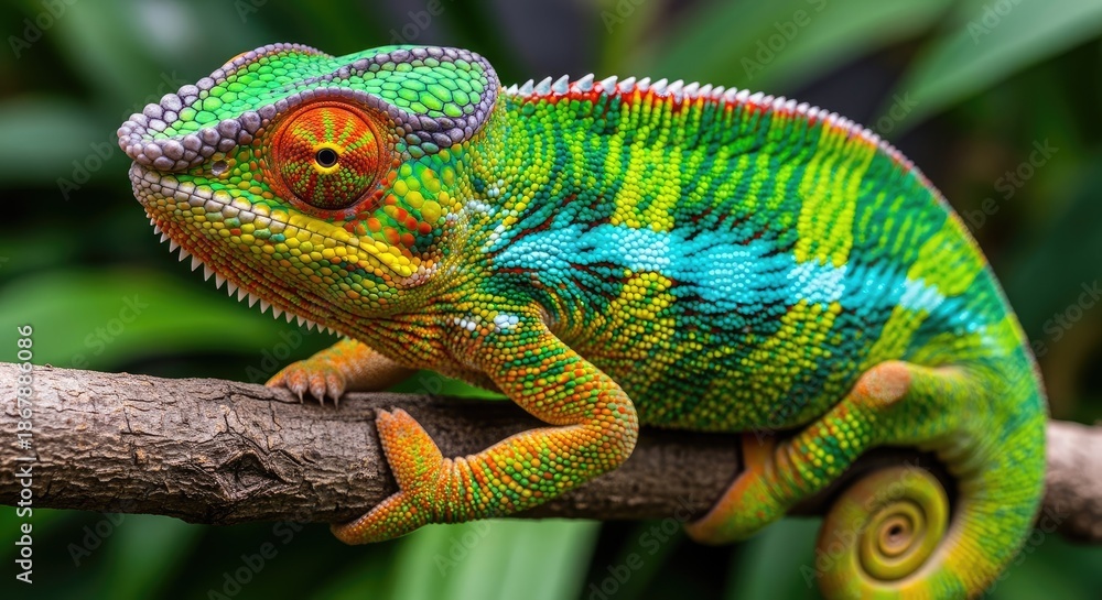 Fototapeta premium A colorful chameleon with vibrant green, blue, and orange stripes on its body, perched on a branch with its tail curled up.