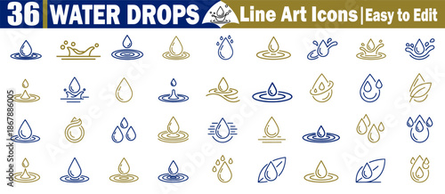 Thirty six minimalist water drop icons depicting falling and splashing liquid shapes vector illustration.