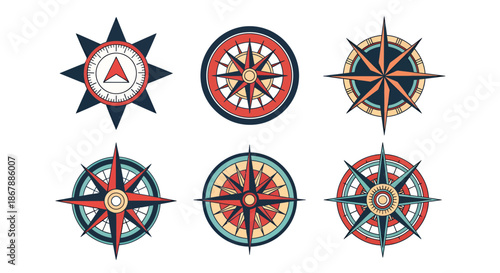 Set of six colorful vintage compass rose illustrations with detailed geometric designs.