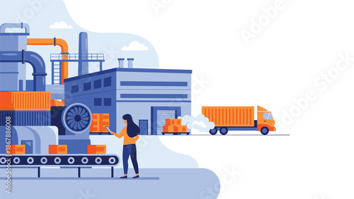 Female factory worker using a mobile app on her smartphone to manage and monitor the automated production line with a conveyor belt.