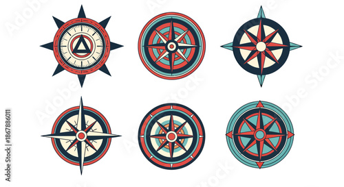 Set of six vintage style compass rose icons in various colors and designs on white background.