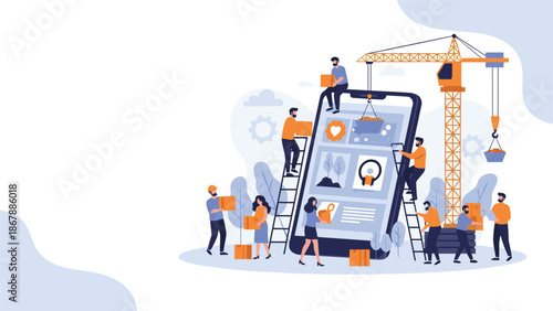 Team of tiny developers and designers working together with a crane to build and assemble a mobile application on a giant smartphone.