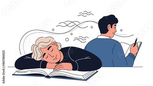 Contrasting concept of two students, one is diligent and actively writing in a notebook while the other has fallen asleep on an open book.