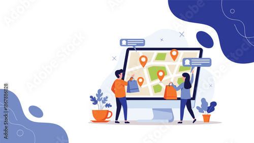 Couple using a large computer screen with a map to find local stores and shops for their shopping, indicated by multiple location pins.