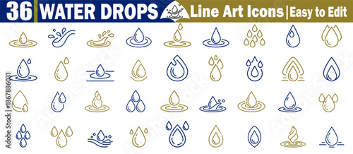 Set of thirty-six clear water drop line drawings illustrating various liquid states, vector illustration.