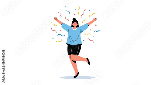 Joyful young woman with her arms raised in celebration, jumping with happiness as colorful confetti bursts around her in excitement.