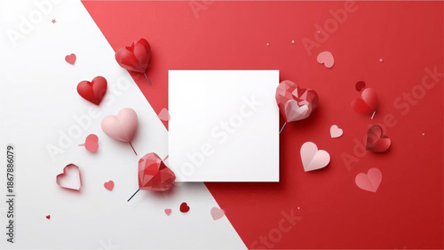 A white square surrounded by red and pink hearts on a diagonally split red and white background, perfect for Valentine's Day.