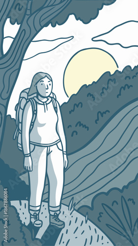 Solo woman trekking in sunrise desert with glowing sand dunes