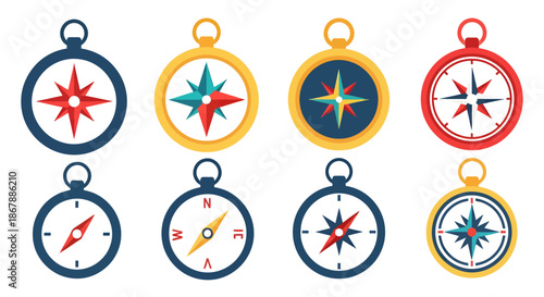 Collection of eight colorful compass icons with various needle designs on white background.