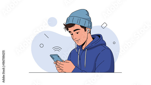 Young man wearing a beanie and hoodie listening to music with earphones while looking at his smartphone, enjoying his favorite playlist.