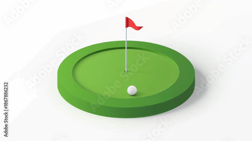 A minimalist 3D rendering of a golf putting green with a red flag and a white golf ball on a white background.