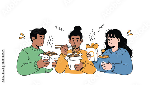 Group of three diverse friends happily eating takeout food together, enjoying noodles and fried chicken from takeaway boxes and containers.