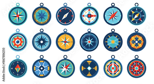 Set of colorful illustrated compass icons with various geometric designs and patterns.