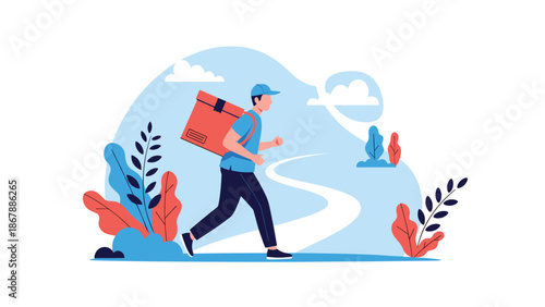 Delivery man running along a path through a stylized natural landscape, carrying a large cardboard box on his back for fast shipping.