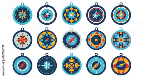 Set of colorful vector compass icons with various geometric designs and directional symbols.