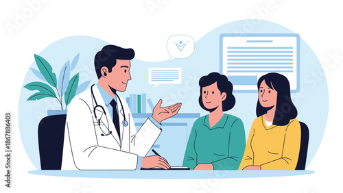 Friendly male doctor in a white coat consulting with two female patients at his desk in a modern and clean clinic office.
