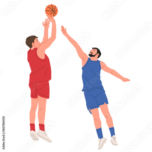 Flat vector illustration set showing two male athletes dribbling, defending, jumping, shooting, blocking, and rebounding the ball. Concept of basketball match, teamwork, sport competition, training