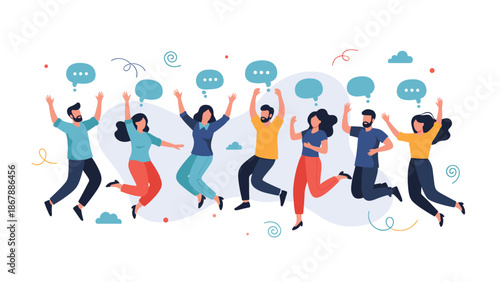 Group of happy and diverse young people jumping with joy, with speech bubbles above their heads representing positive communication and feedback.