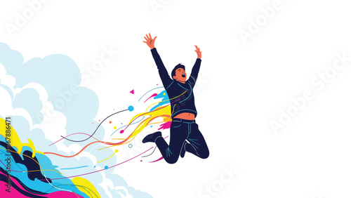 Ecstatic man jumping high in the air with his arms raised in triumph, bursting from a colorful splash of creative energy and smoke.