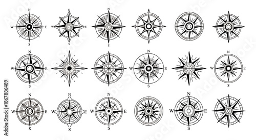 Set of vintage compass rose illustrations in black and white for navigation and design.