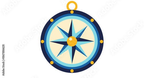 Flat vector illustration of a blue and yellow compass with eight-pointed star design.