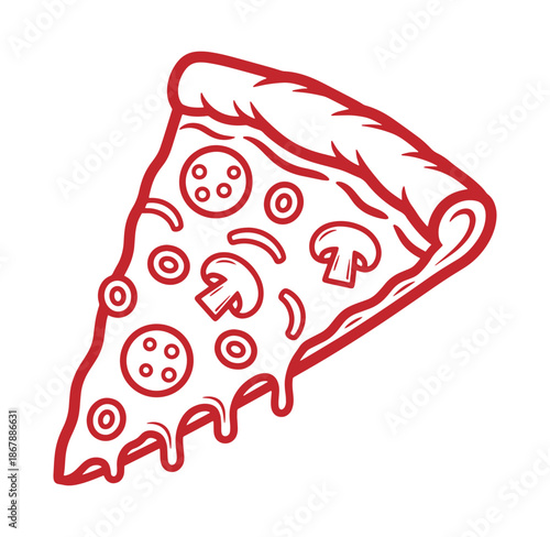 Single slice of pizza with pepperoni and mushroom toppings in a red line drawing