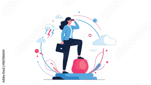 Businesswoman standing on a rock and looking through binoculars, searching for future opportunities and forecasting trends despite stormy weather.