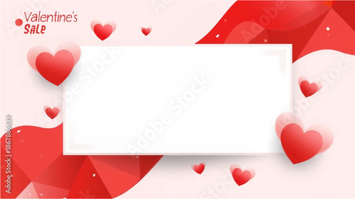 A romantic Valentine's Day sale background with red and pink hearts and a blank white text box for promotional messages.