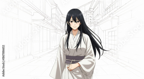 A striking anime woman in white kimono fully rendered steps into a beautifully sketched traditional Japanese town. AI Generated