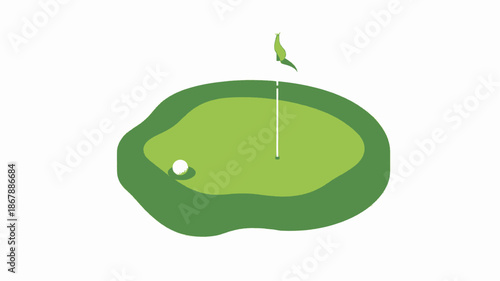 An aerial view of a golf course green with a flagstick, hole, and a white golf ball ready for putting.