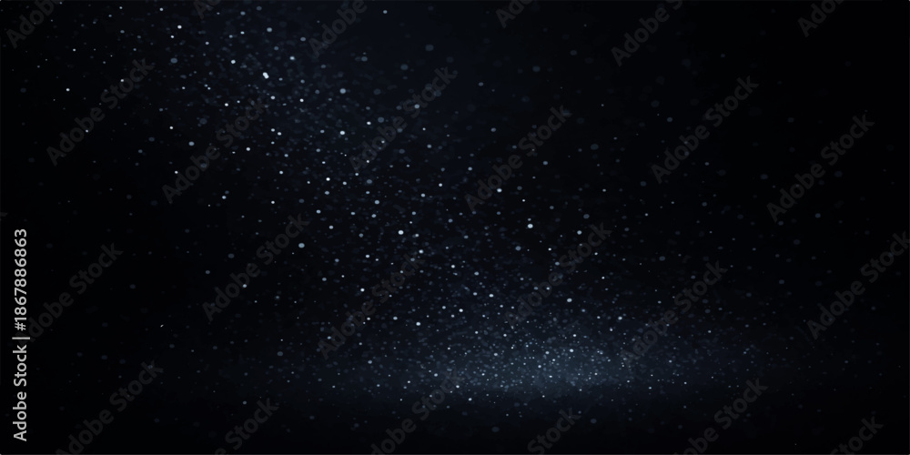 Obraz premium Abstract motion of falling snowflakes loop through a dark starry universe filled with blue nebula dust and light across the black outer space galaxy