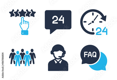 24-Hour Customer Service and Review icon set. Solid glyph series icons