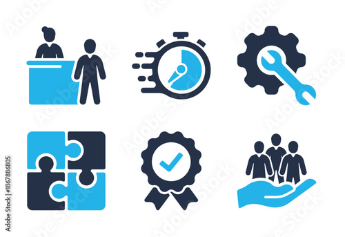 Operational Management and Service Quality icon set. Solid glyph series icons