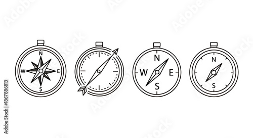 Set of four hand-drawn compass illustrations showing different styles and navigation directions.