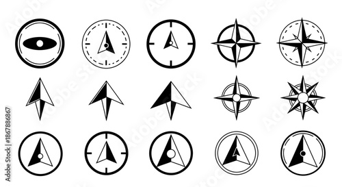 Set of various black and white compass icons and navigation symbols in different styles.