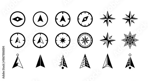 Set of various black and white compass and navigation arrow icons in different styles.