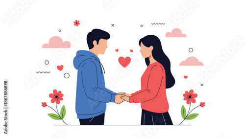 Young romantic couple holding hands and looking at each other with love, surrounded by floating hearts, flowers, and abstract shapes.