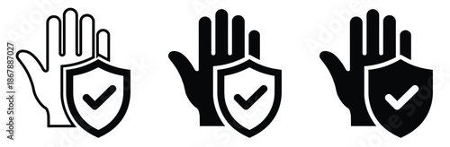 Hands protecting with shield and check mark icons for security,Insurance hand line and flat icon set. Shield with check mark on hand symbol. Protection icon. 