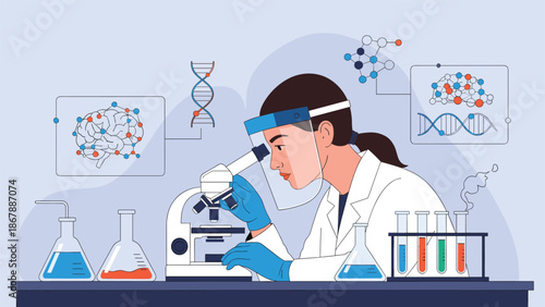 Female scientist in a lab coat and face shield looking through a microscope, surrounded by laboratory equipment and scientific diagrams.