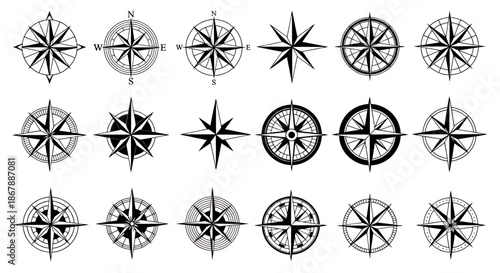 Set of various black and white compass rose icons in different styles for navigation and design.