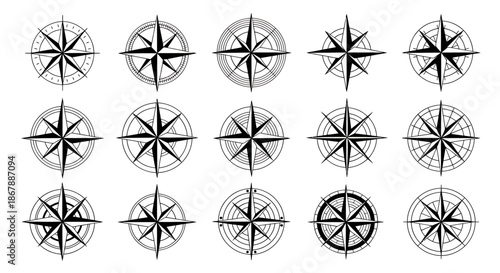 Set of sixteen different black and white compass rose icons with unique geometric designs.