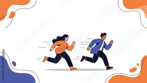 Man and woman in business attire running fast, competing against each other in a race, with abstract colorful shapes in the background.