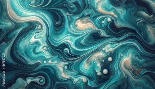 Abstract swirls of teal, white, and beige paint creating a mesmerizing, fluid art pattern