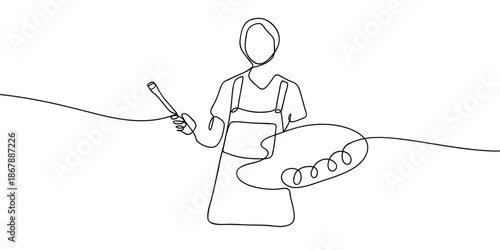 Continuous lines on a transparent background a female artist. in single line art illustration. Editable stroke.