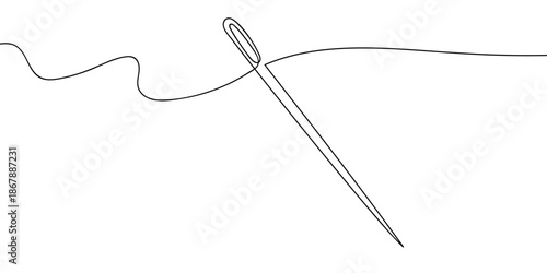 A continuous line on a transparent background of a sewing needle. in single line art illustration. Editable stroke.