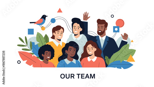 Portrait of a diverse and friendly business team with the text 'Our Team', surrounded by colorful leaves and abstract shapes.