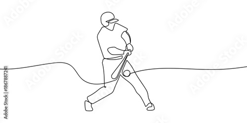 A continuous line on a transparent background a baseball player hitting a home run. in single line art illustration. Editable stroke.